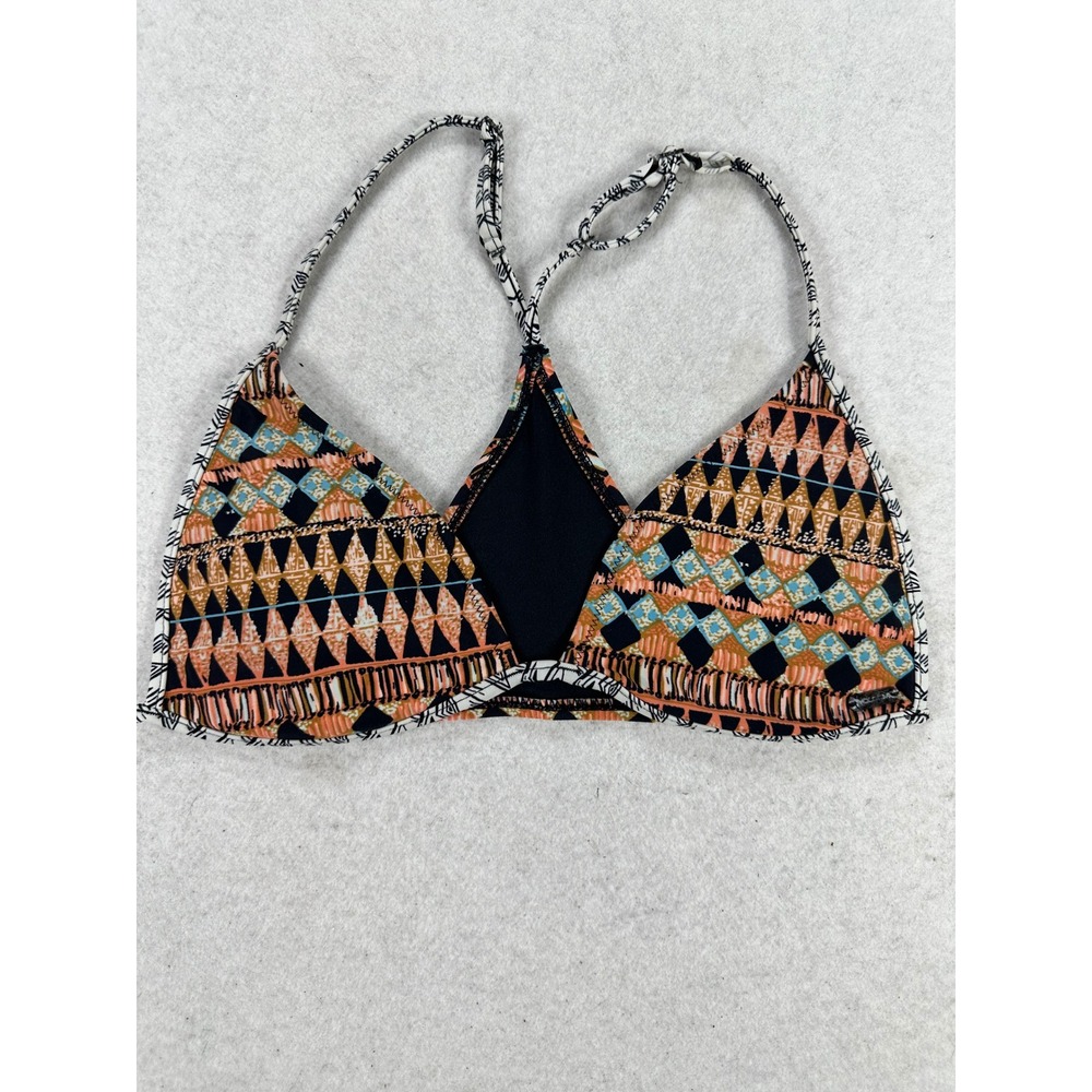 Volcom Women Geometric Tribal Print Racerback Triangle Bikini Top Orange Blue M